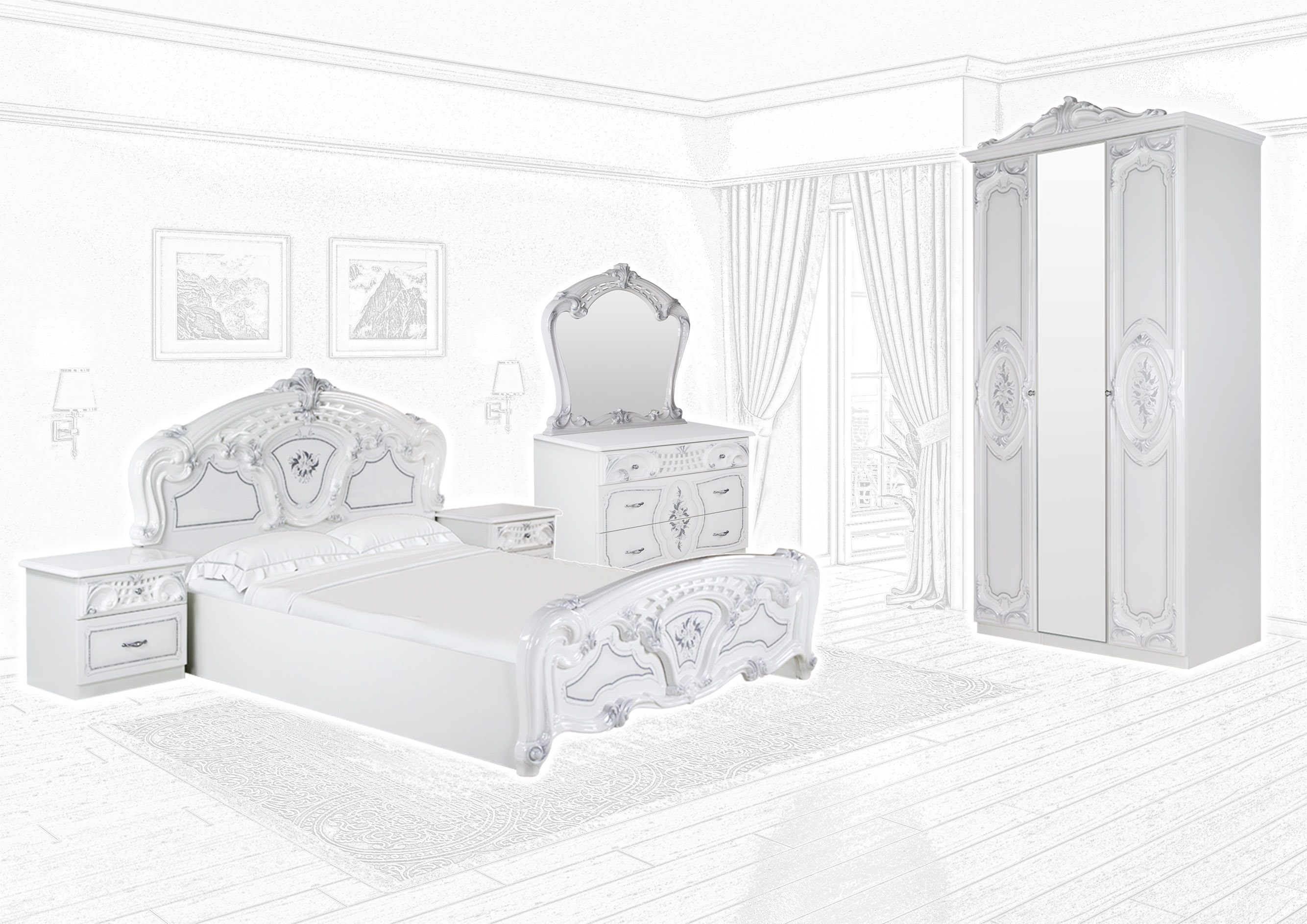Barock Schlafzimmer Remo-Bianco 4-Teilig inkl. Kleiderschrank 3-Türig