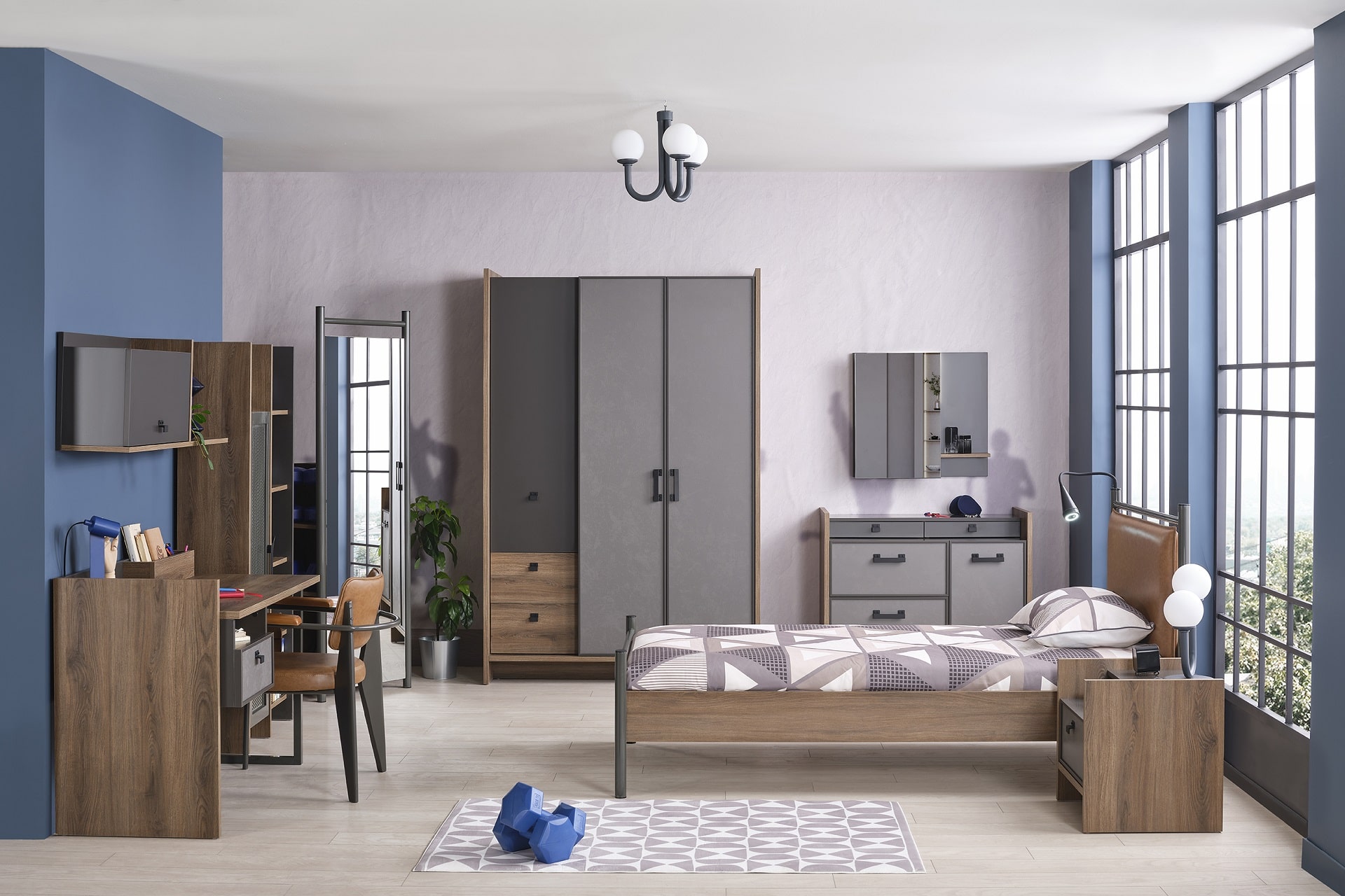 Kleiderschrank Craft 3-Türig in Anthrazit/Silbergrau/Holzoptik