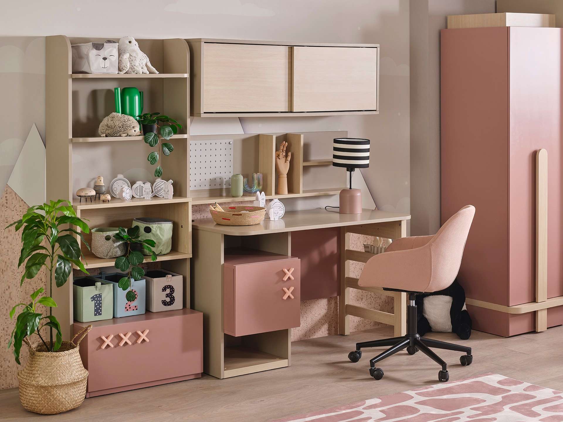Schreibtisch-Set Rosie 4-Teilig in Rosa/Beige