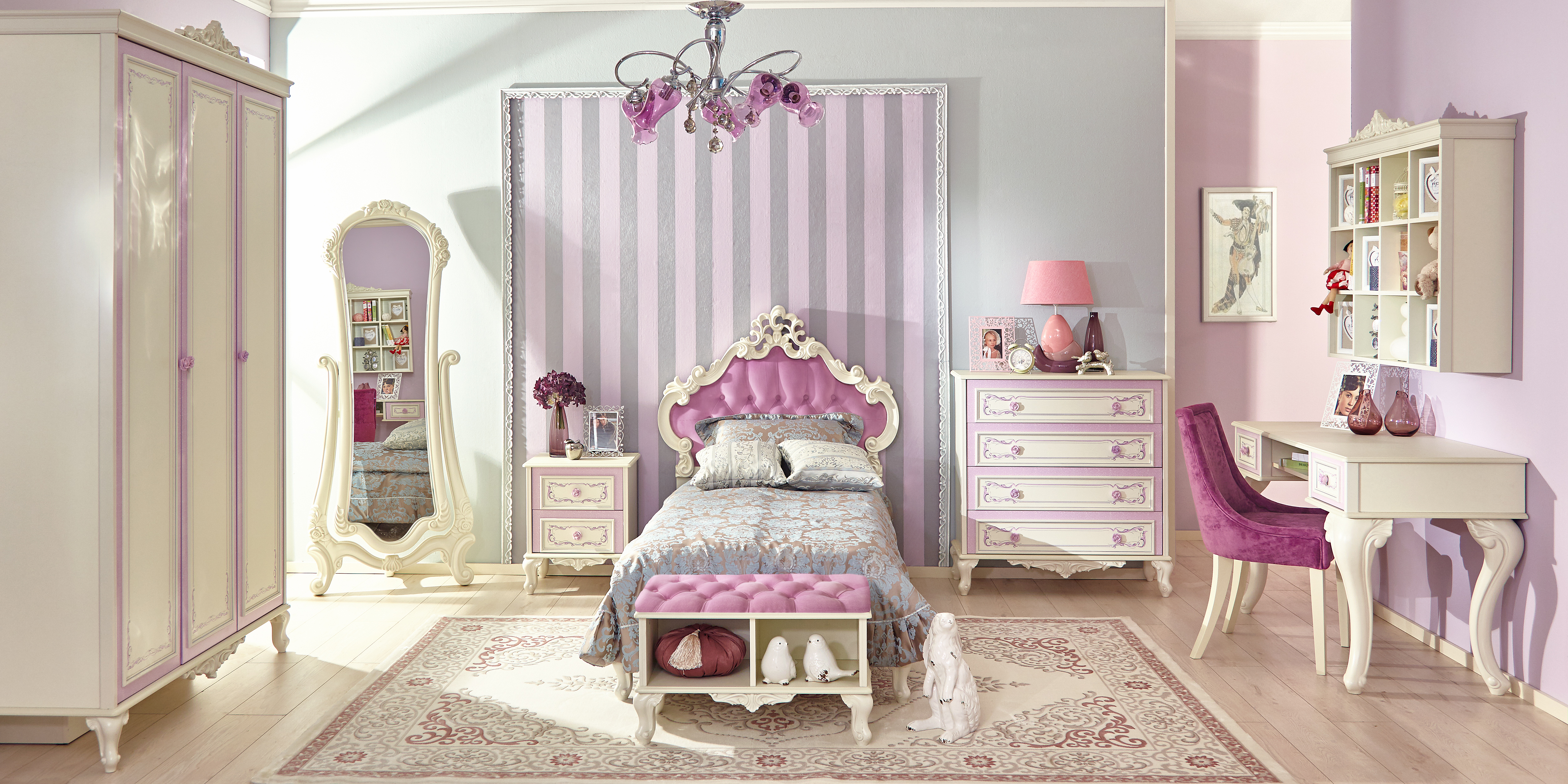 Prinzessinnen Kinderzimmer Barock in rosa als Komplett Set.