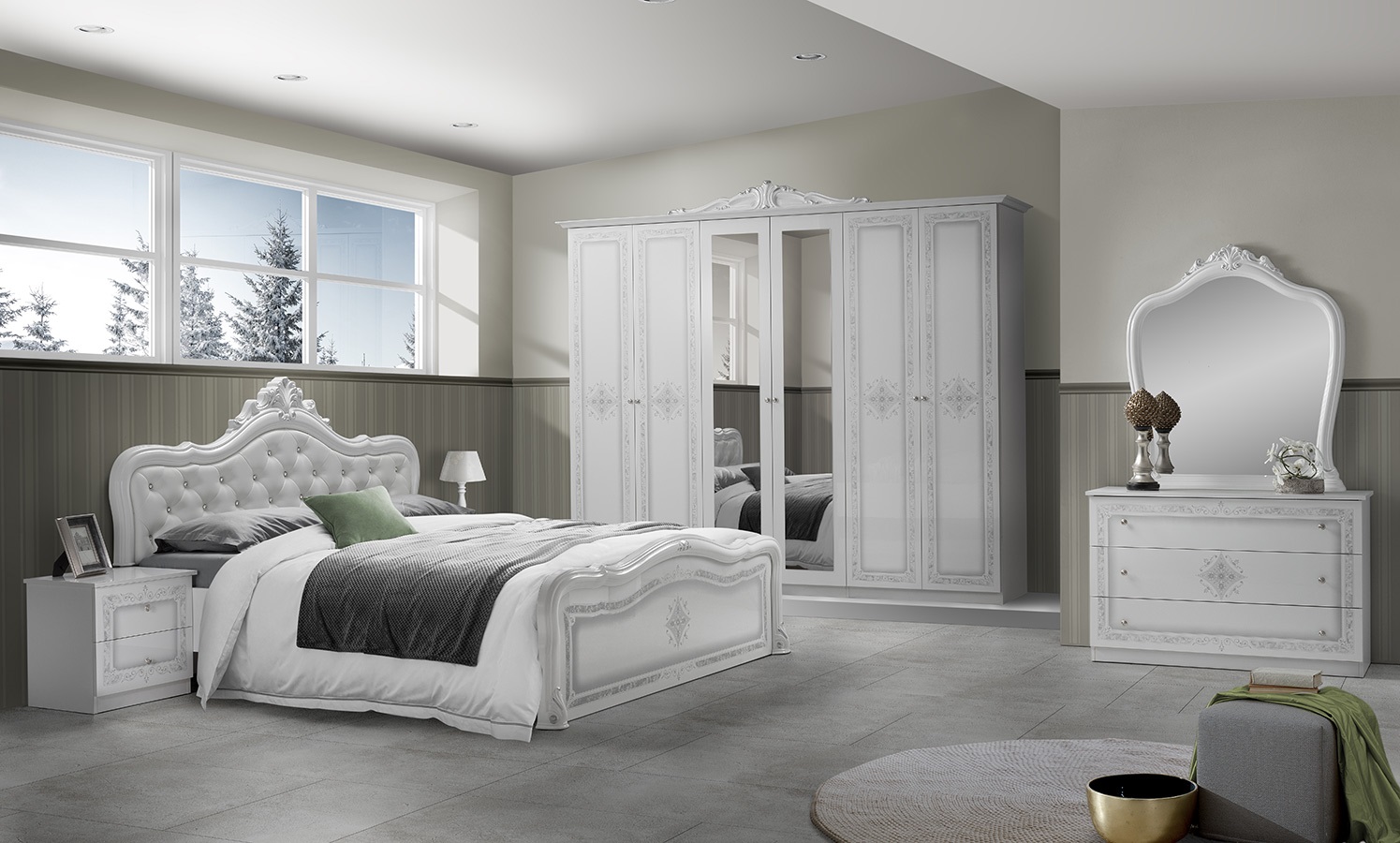 Barock Schlafzimmer-Set Leana 4-Teilig in Weiß/Silber