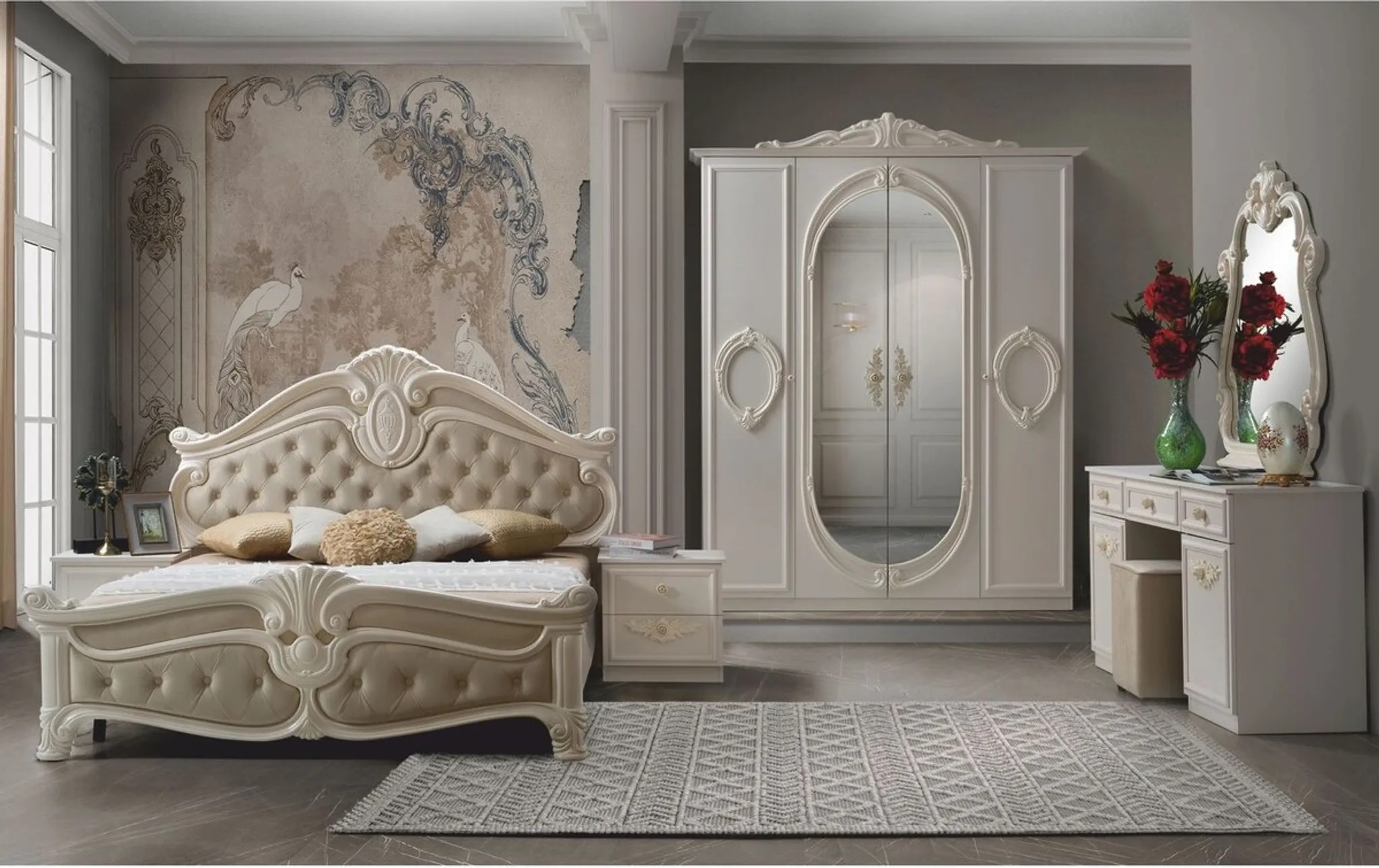Barock Schlafzimmer Noana in Beige 7-Teilig 