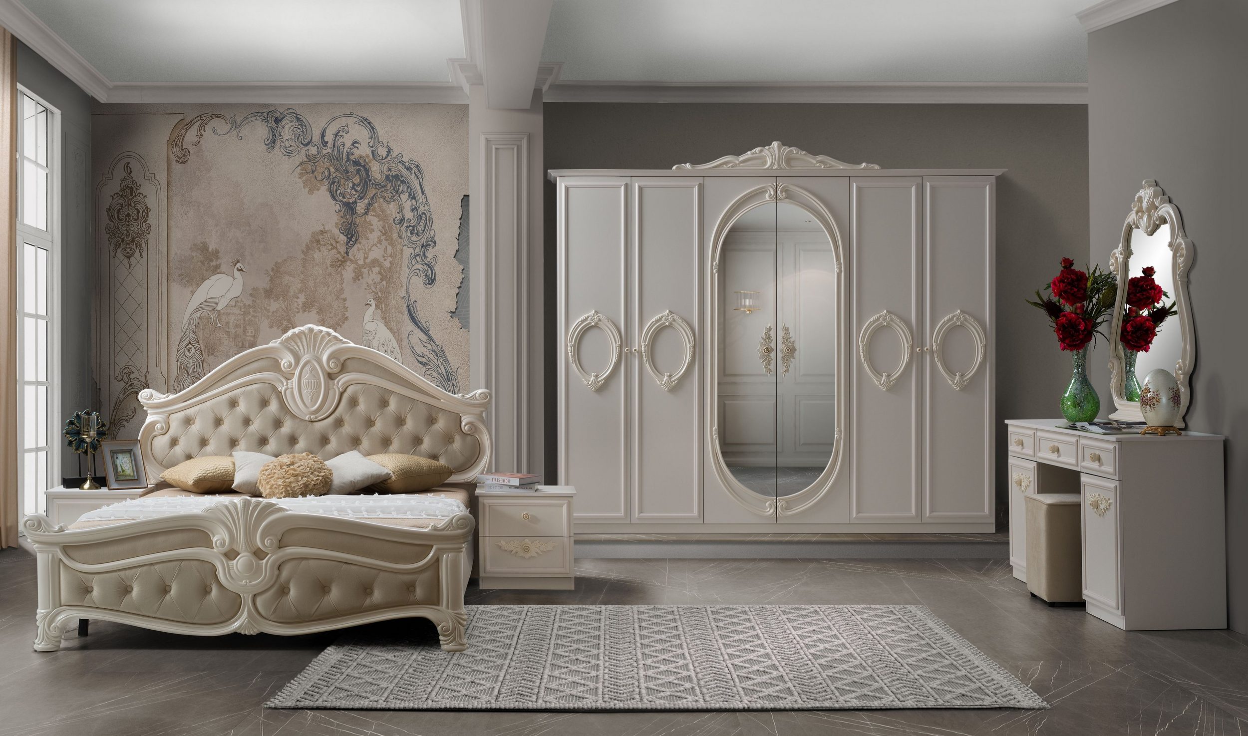 Barock Schlafzimmer Noana in Beige 7-Teilig 
