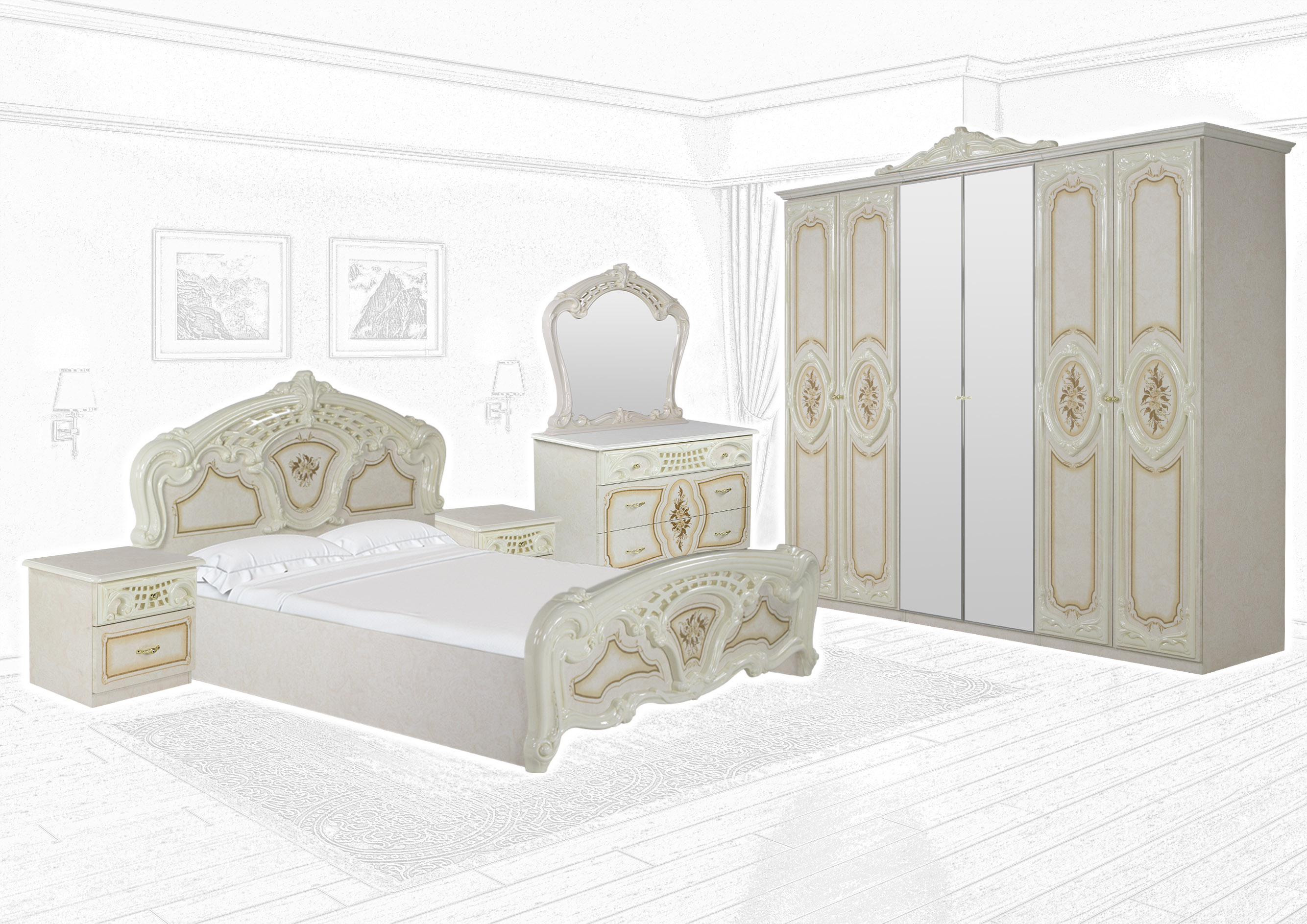 Barock Schlafzimmer Remo-Beige 6-Teilig in HG Lack inkl. 6-Türigen Kleiderschrank