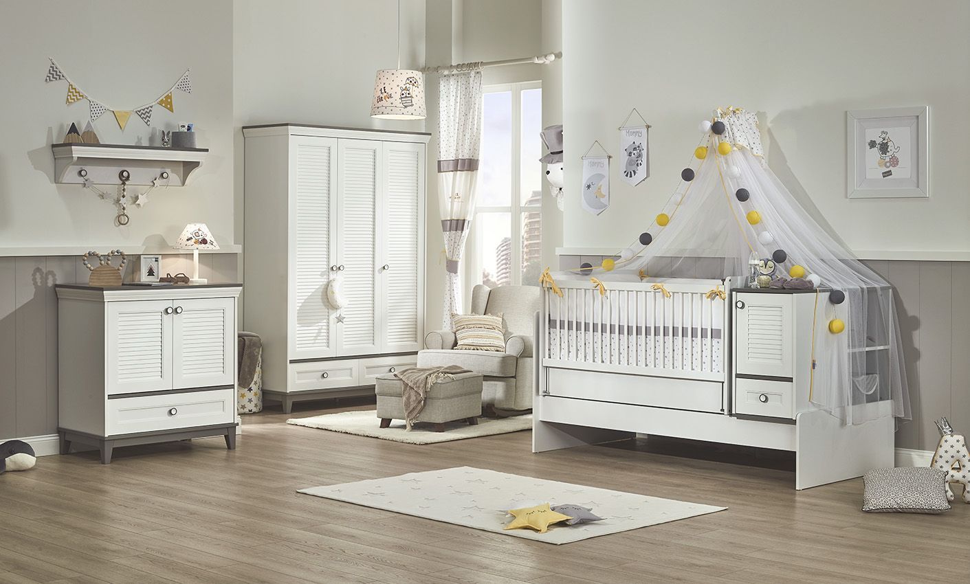 Babyzimmerset Almila Landhausstil weiß mit Schaukelbett bei Interdesign24
